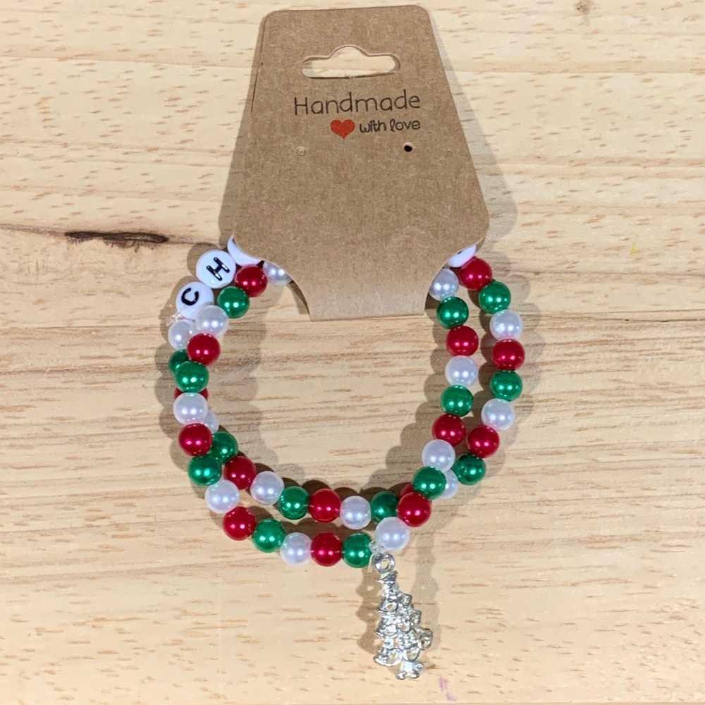 Handmade Christmas Beaded Bracelet Women 2pc Set Red Green White Tree Charm
